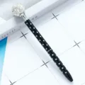 Elegant black polka dot ballpoint pen with sparkling crystal rhinestone ball top, metal gift pen. - Black Polka Dot