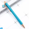Blue glitter ballpoint pen with rose gold clip and clover charm, metal press pen. - Blue