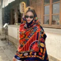 Ethnic style vintage printed square scarf shawl cape for women travel outdoor photo new - Navy Blue Sunflower