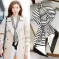 Women black and white striped silk scarf fashionable long twilly neckerchief accessory - Style 26 Beige OM Stripes