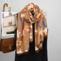 Brown linen floral print scarf elegant lightweight spring wrap women fashion accessory - Lily Pattern 3