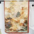 Elegant Chinese style long silk scarf with traditional pagoda landscape print for women. - 70-180cm / Style 4