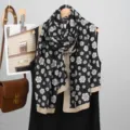 Black and white camellia printed fashion scarf with beige border, elegant shawl for women. - Black Coffee