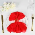 Red pleated voile napkin with gold ring, elegant table decor for wedding party dining setup. - No. 4 Bright Red
