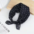 Cotton linen polka dot small square scarf for women, chic spring summer fashion neckerchief. - Black