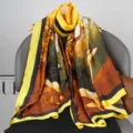 Floral print silk scarf long wrap women fashion vintage shawl yellow brown elegant neckerchief - Style 15