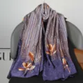 Elegant long printed silk scarf for women, featuring stylish vertical stripes and floral pattern. - Style 14