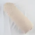 Beige linen scarf with pearl decor and frayed fringe edges, delicate detail view for women. - Beaded Style / Beige