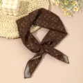 Elegant brown cotton linen small square scarf with cute print, versatile neck ribbon. - Pattern 7