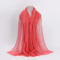 Coral pink crinkled cotton linen scarf, solid color gauze shawl with frayed tassels. - 14 / 90*180(+-5)cm