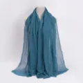 Crinkled blue cotton linen scarf with frayed edges, soft solid color hijab and neck wrap. - 36 / 90*180(+-5)cm