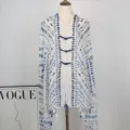 Chinese style frog button shawl, blue white brushstroke print women mid length outer wrap. - Color 7