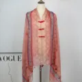 Chinese style floral print shawl with traditional frog buttons, elegant women scarf for daily wear. - Color 9
