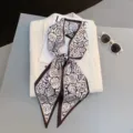 Black and white floral print skinny scarf elegant long ribbon for women neck wear bag decor - Style 13