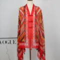 Women's Chinese style vintage ethnic printed shawl cape with frog buttons and fringe hem. - Color 6