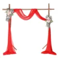 Red chiffon wedding arch drape set with floral decor for lawn ceremony backdrop - 75-600cm / Bright Red No. 22