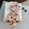 Floral print twilly silk scarf versatile yellow long ribbon bow for handbag hair accessories - Style 19