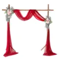 Wedding Arch Decoration Set with Red Chiffon Fabric Drape and Floral Arrangement for Party - Maroon No. 45