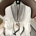 Chic black and white striped long silk scarf, elegant lightweight neckerchief accessory for women. - Style 5 Beige Stripe
