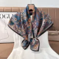 Vintage floral square silk scarf, blue and orange pattern with black border, stylish accessory. - Color 14