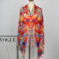 Ethnic style print shawl with Chinese frog buttons, colorful geometric design, stylish. - Color 17