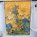 Chinese style landscape print imitation silk long scarf variant, elegant yellow blue silk shawl. - 70-180cm / Style 16