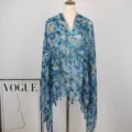 Blue leaf print chinese style cape shawl with frog buttons and tassels for women sun protection - Color 20