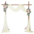 Rustic wooden wedding arch with pale yellow chiffon draping and pink floral decorations. - Champagne No. 21
