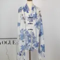 Chinese style blue floral shawl with traditional frog buttons, elegant women's cape. - Color 3