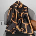 Elegant women's black and gold geometric silk scarf long luxury fashion shawl wrap. - Style 19