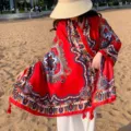 Châle imprimé ethnique bohème rouge foulard en lin de protection solaire plage d'été - 8# Pivoine rouge