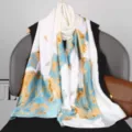 Long silk scarf with blue and gold lotus print, elegant floral wrap shawl for women spring. - Style 5