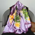 Purple floral silk scarf shawl for women, elegant botanical long neckwear for spring summer. - Style 6