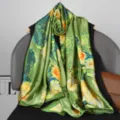 Women green silk scarf floral print long shawl elegant botanical fashion neckerchief - Style 7
