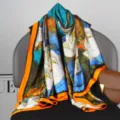 Long silk scarf with elegant lotus print and contrast color border, stylish women's shawl. - Style 8