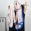 Foulard en soie pour femme châle rose et bleu imprimé floral élégant accessoire - Style 10