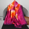 Elegant floral print long silk scarf for women, vibrant pink and orange shawl fashion. - Style 11
