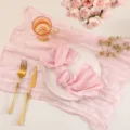 Detail view of pink gauze table runner and napkin staging with golden cutlery and flowers. - 50*50cm Napkin / Sakura Pink