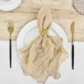 Beige gauze table napkin with gold leaf ring, solid color boho wedding party dining decor - Deep Beige 14#