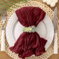 Burgundy gauze pleated cloth napkin with floral napkin ring for wedding and home decor. - No. 59 Deep Wine Red