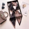 Chic narrow long silk scarf for women, abstract line pattern, stylish neckerchief and hair band. - Style 10 Coffee Pebble Leopard