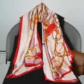 Elegant pink silk scarf featuring classic equestrian harness prints, perfect for spring fashion. - Style 13