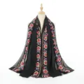 Black cotton linen embroidered shawl ethnic floral vintage long scarf women travel wrap - Two-Row Embroidery Black