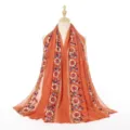 Orange cotton linen embroidered ethnic shawl scarf for women, perfect for travel and photography. - Two-Row Embroidery Orange