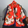 Women red silk scarf with white camellia floral print and navy blue border, elegant wrap. - Style 2