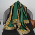 Green leopard print long silk scarf, elegant fashion accessory for women spring wear. - Style 7