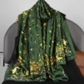 Green silk scarf for women, vintage botanical floral and animal print long satin shawl. - Style 8