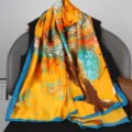 Elegant orange and blue artistic print satin long scarf for women, premium spring fashion shawl. - Style 9