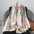 Elegant baroque floral long silk scarf for women, luxury satin shawl wrap for spring and autumn. - Style 12