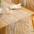 Sheer mesh table runner with colorful floral embroidery, elegant dining table decor for home. - Floral A White